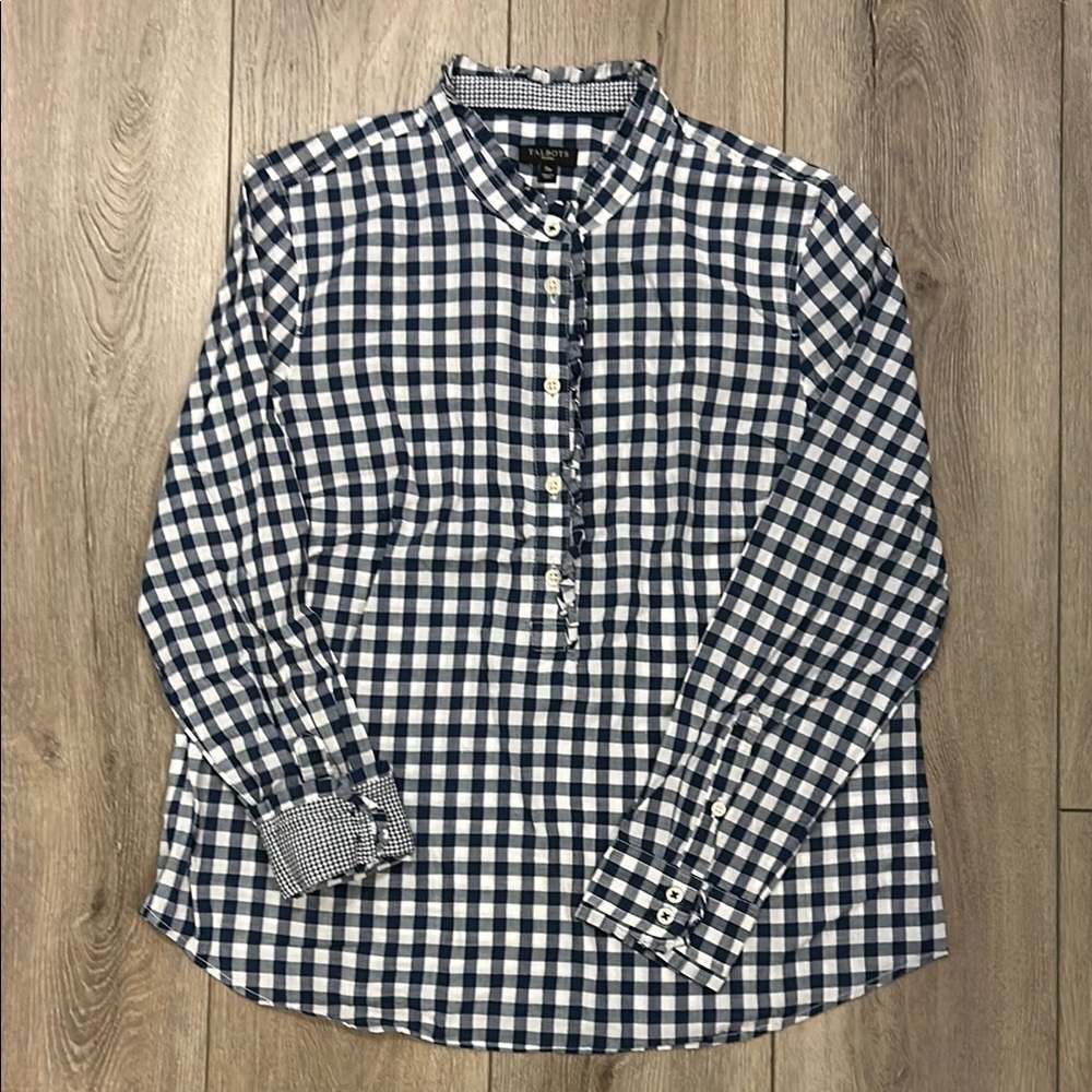Talbots NWOT Gingham Ruffle Trim Mock neck 1/2 Button Longsleeve Popover Top SP